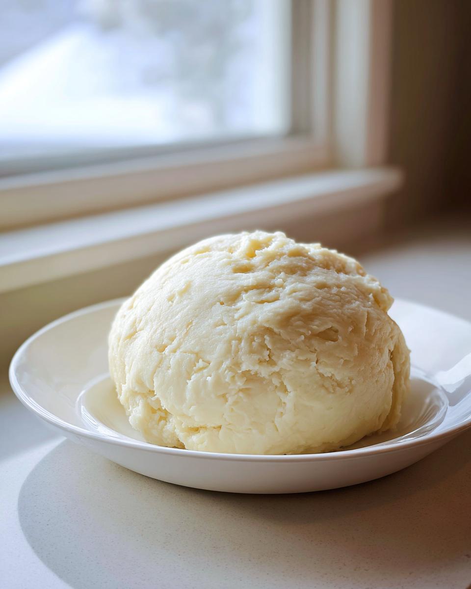 A large, smooth ball of freshly made fufu served in a small white bowl, set near a bright window.