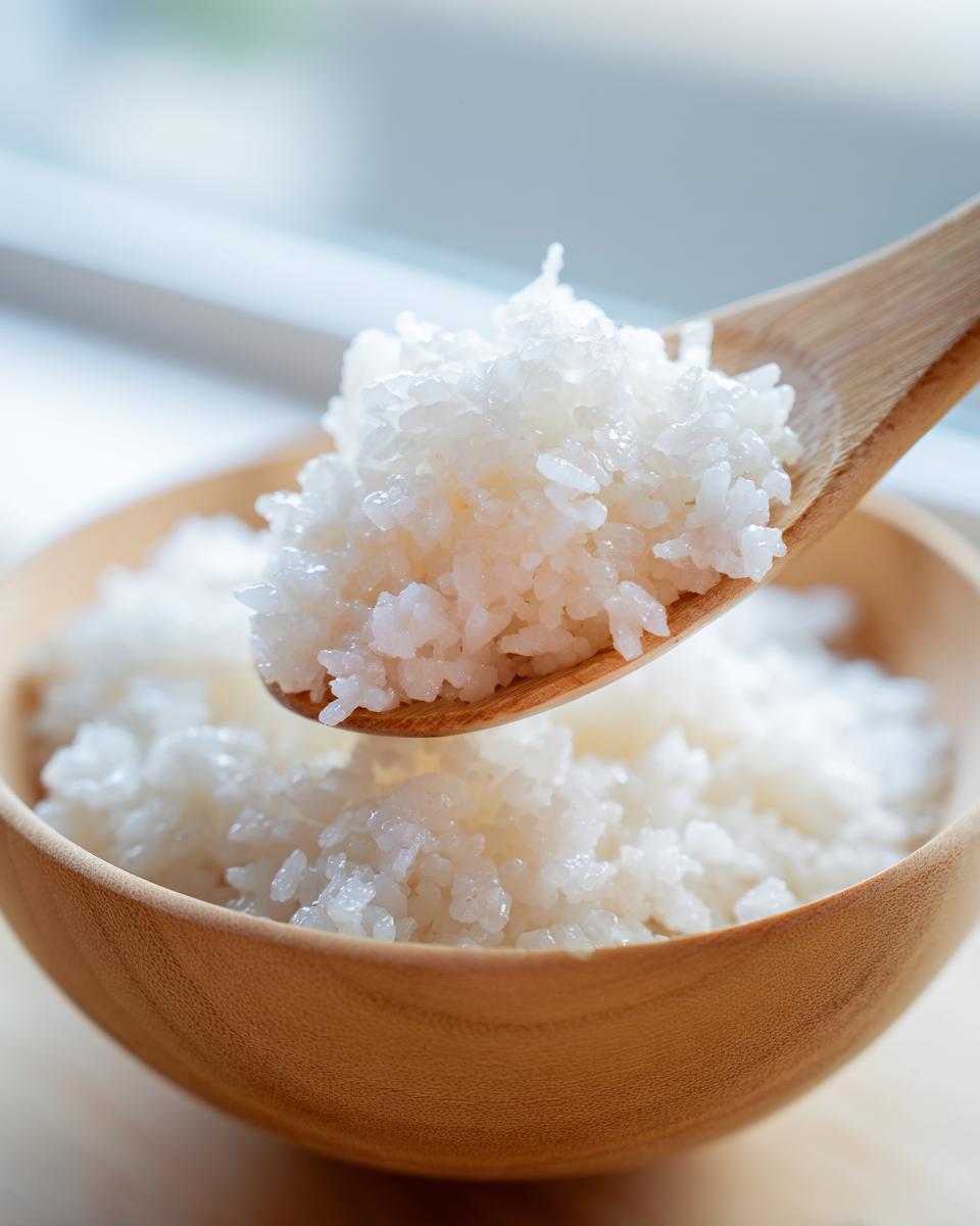 A wooden spoon lifting glossy, perfectly cooked sushi rice from a matching wooden bowl.