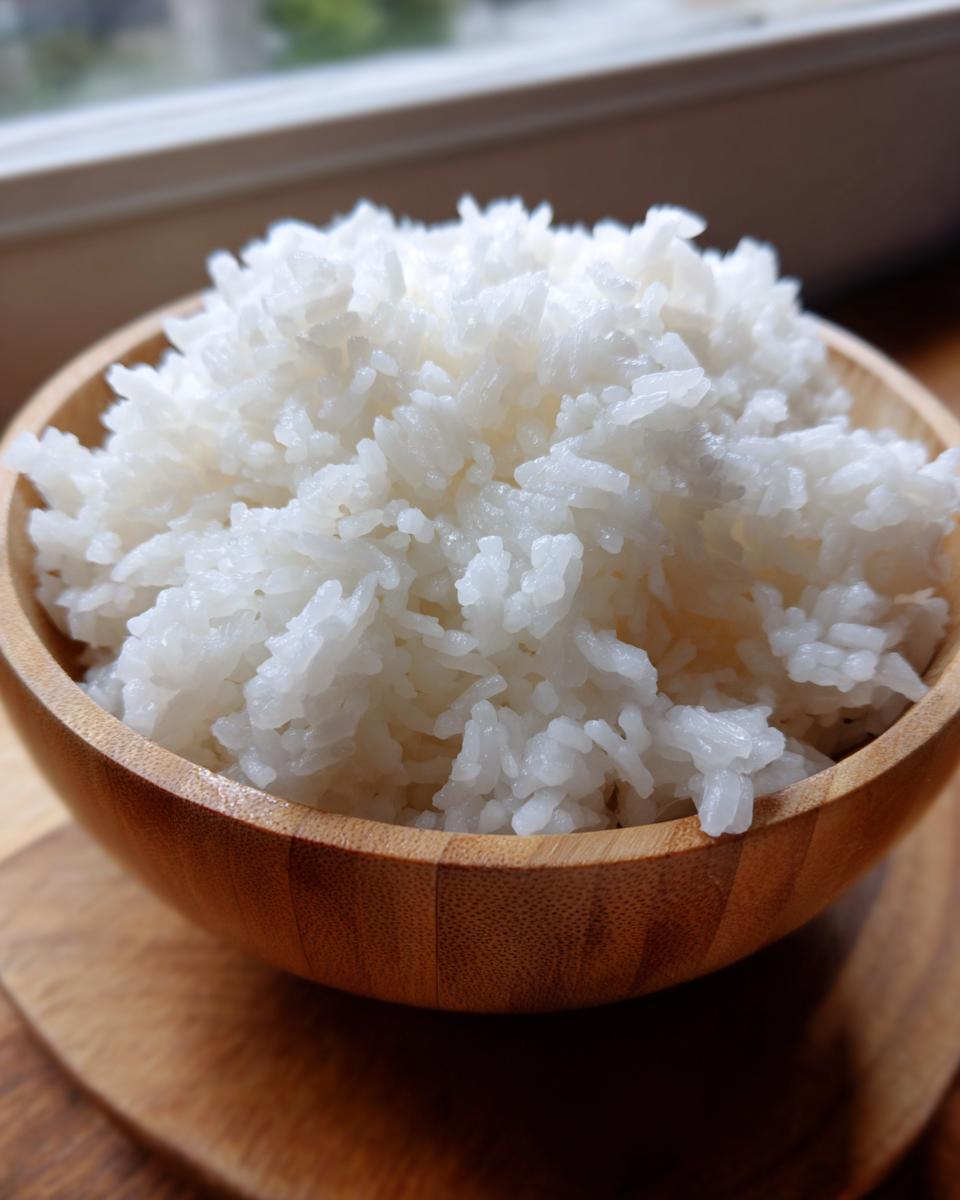 Close-up of fluffy, perfectly cooked sushi rice mounded high in a small wooden bowl.