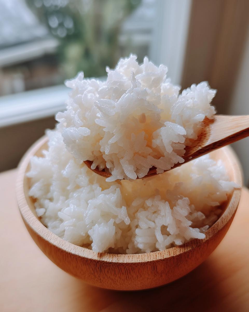 Close-up of perfectly cooked, fluffy sushi rice being lifted from a small wooden bowl with a wooden spoon.