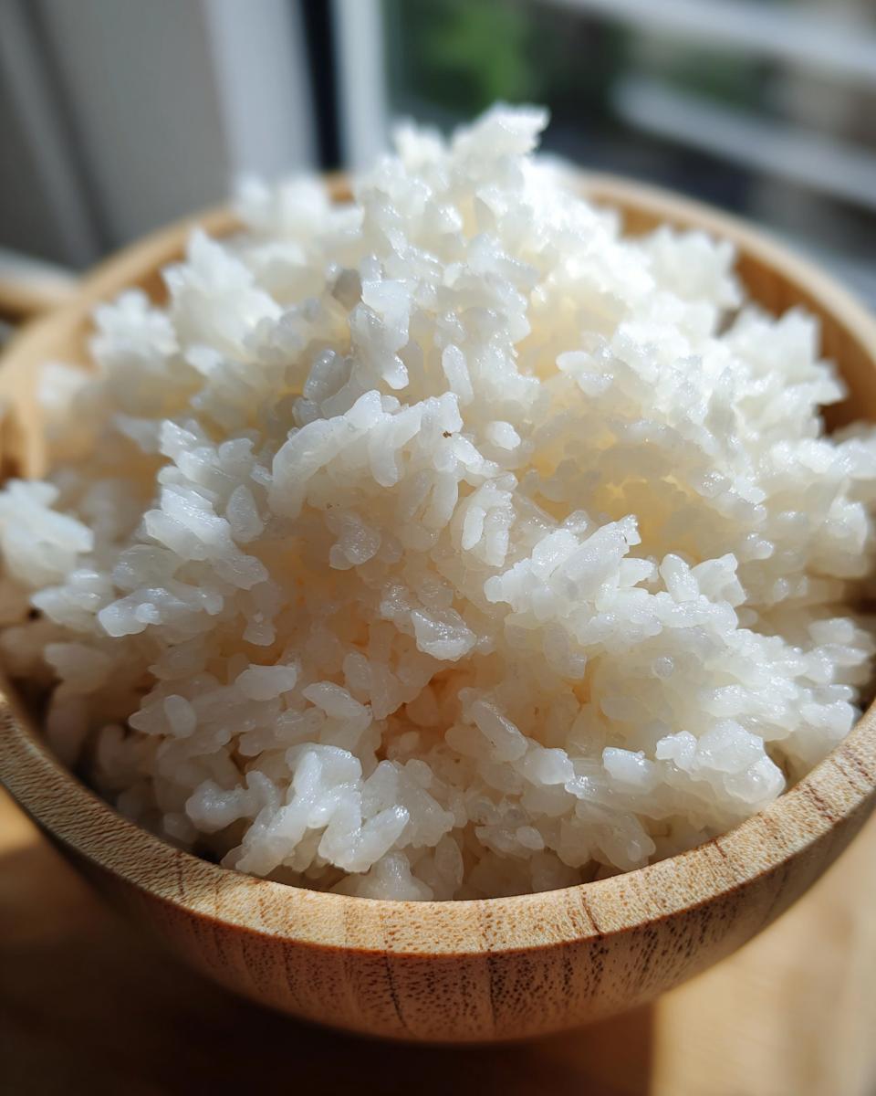 Close-up of fluffy, perfectly seasoned sushi rice piled high in a small wooden bowl.