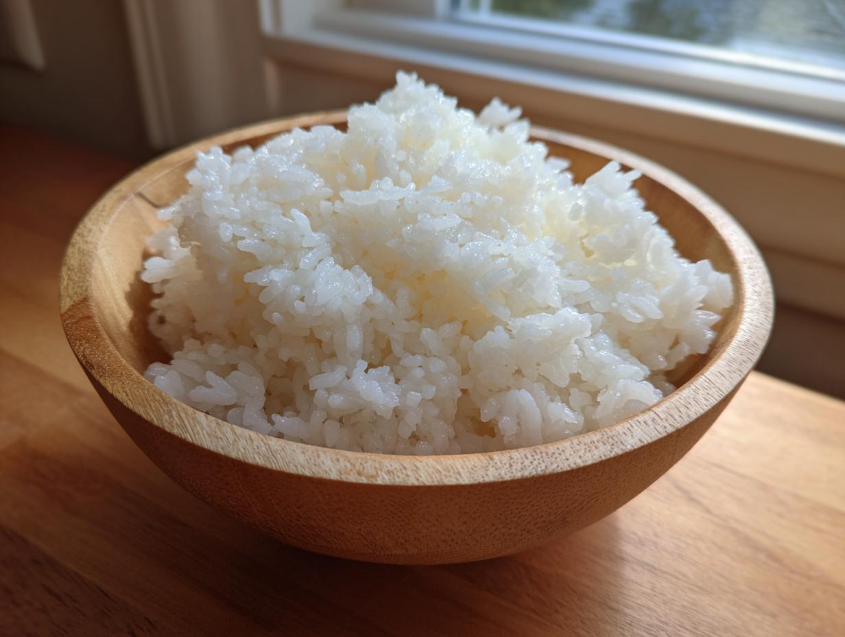 Close-up of perfectly cooked, glistening sushi rice piled high in a natural wooden bowl.