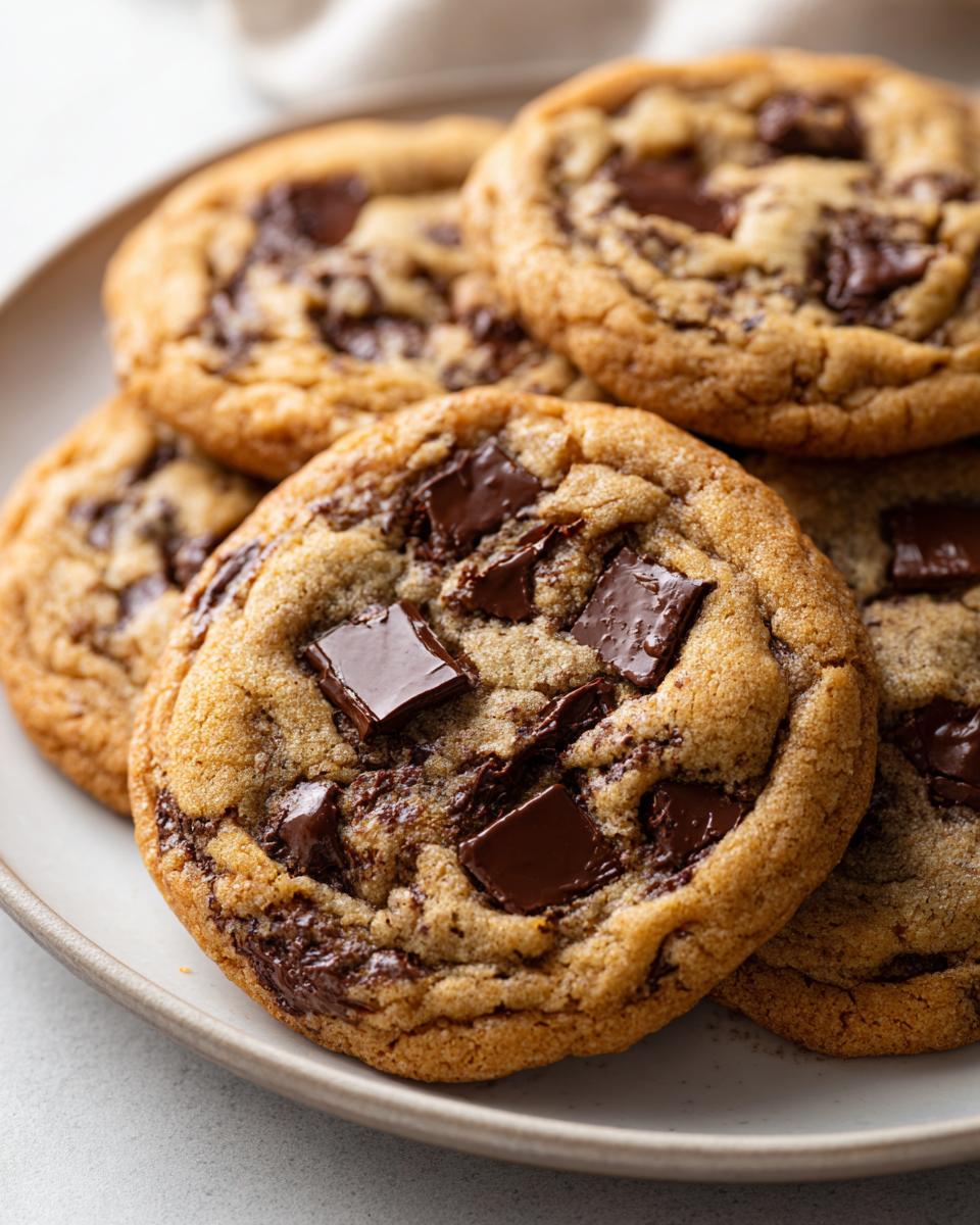 A stack of freshly baked vegan chocolate chip cookies loaded with melted chocolate chunks on a neutral plate.