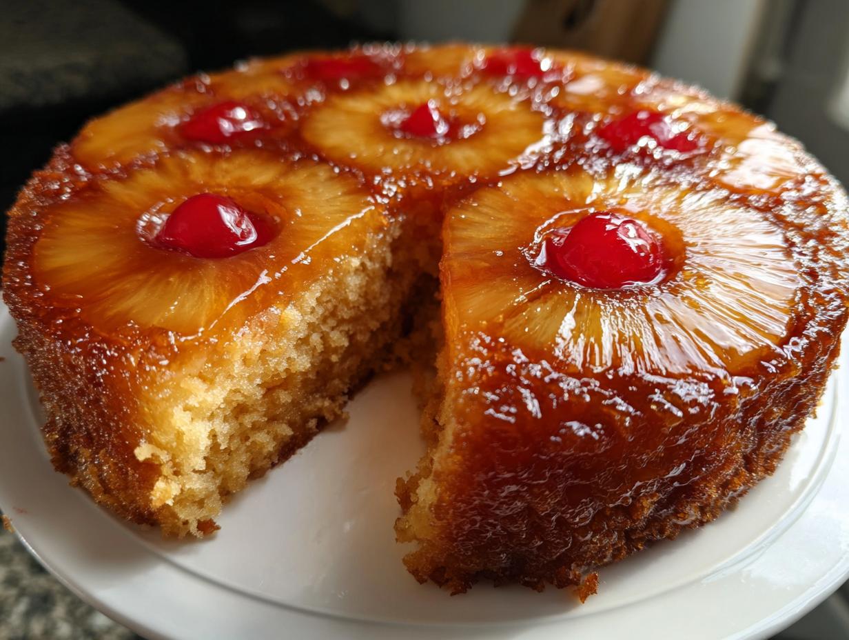 A whole pineapple upside down cake with a slice cut out, showing the moist crumb and caramelized topping.