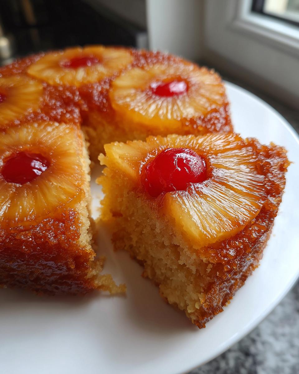 A slice of moist pineapple upside down cake topped with caramelized pineapple and a maraschino cherry.