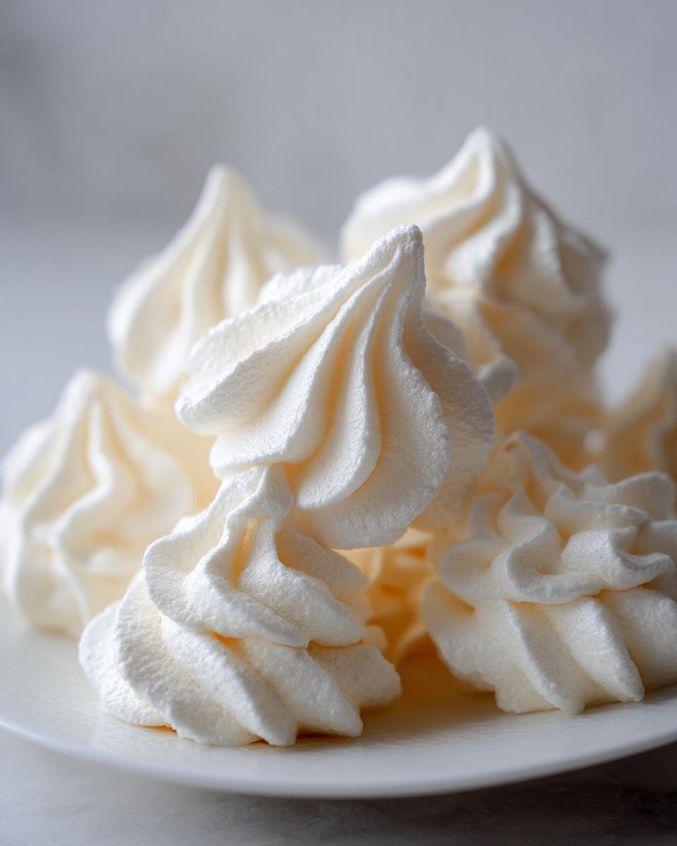 Close-up of perfectly piped, crisp white meringue cookies stacked lightly on a white plate.