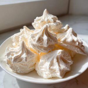 A close-up of several freshly piped, crisp white meringue cookies piled on a small white dish.