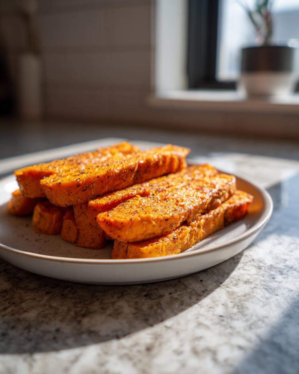 A stack of seasoned, orange sweet potato toast slices resting on a light gray plate.