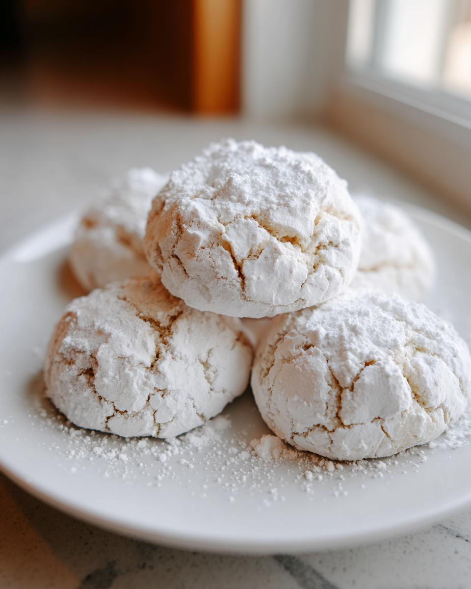 A stack of freshly baked, crinkle-topped cool whip cookies heavily dusted with powdered sugar on a white plate.