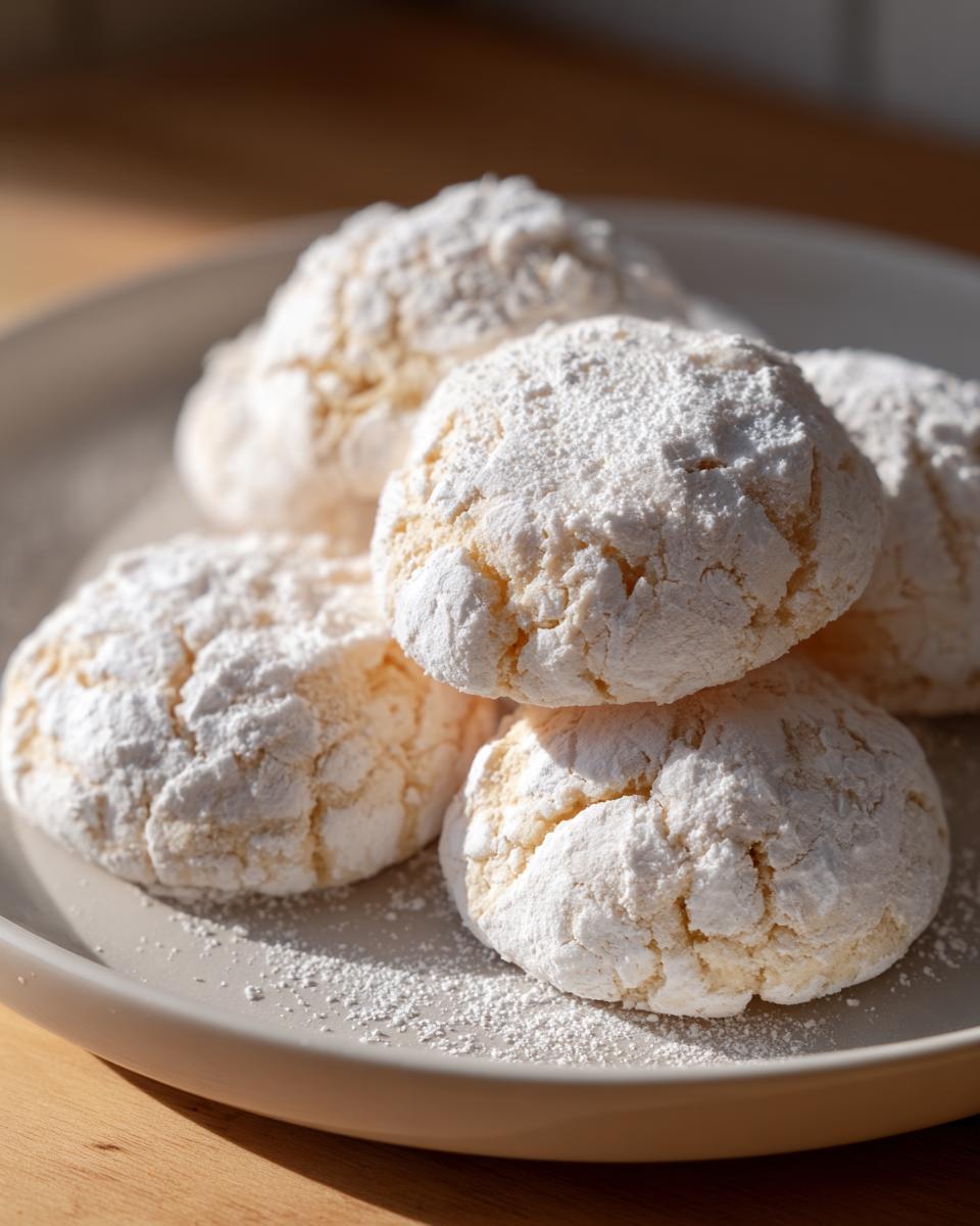 A stack of freshly baked, crinkle-topped cool whip cookies heavily dusted with powdered sugar on a light gray plate.