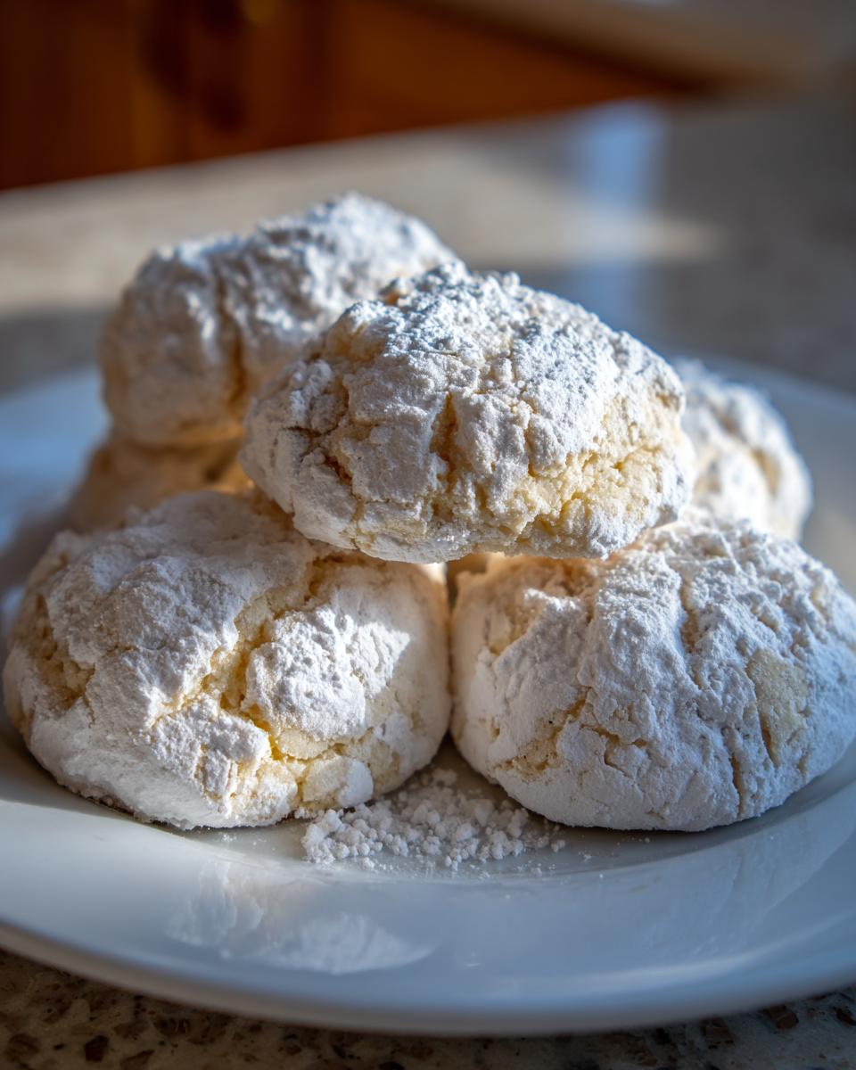 A stack of soft, crinkle-top cool whip cookies heavily dusted with powdered sugar on a white plate.