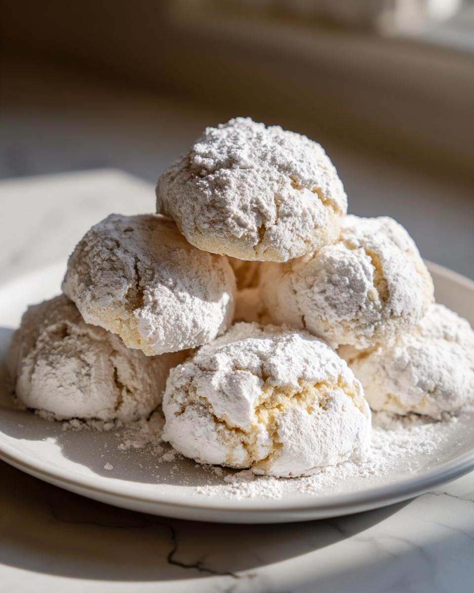 A stack of freshly baked, powdered sugar-dusted cool whip cookies piled on a white plate.