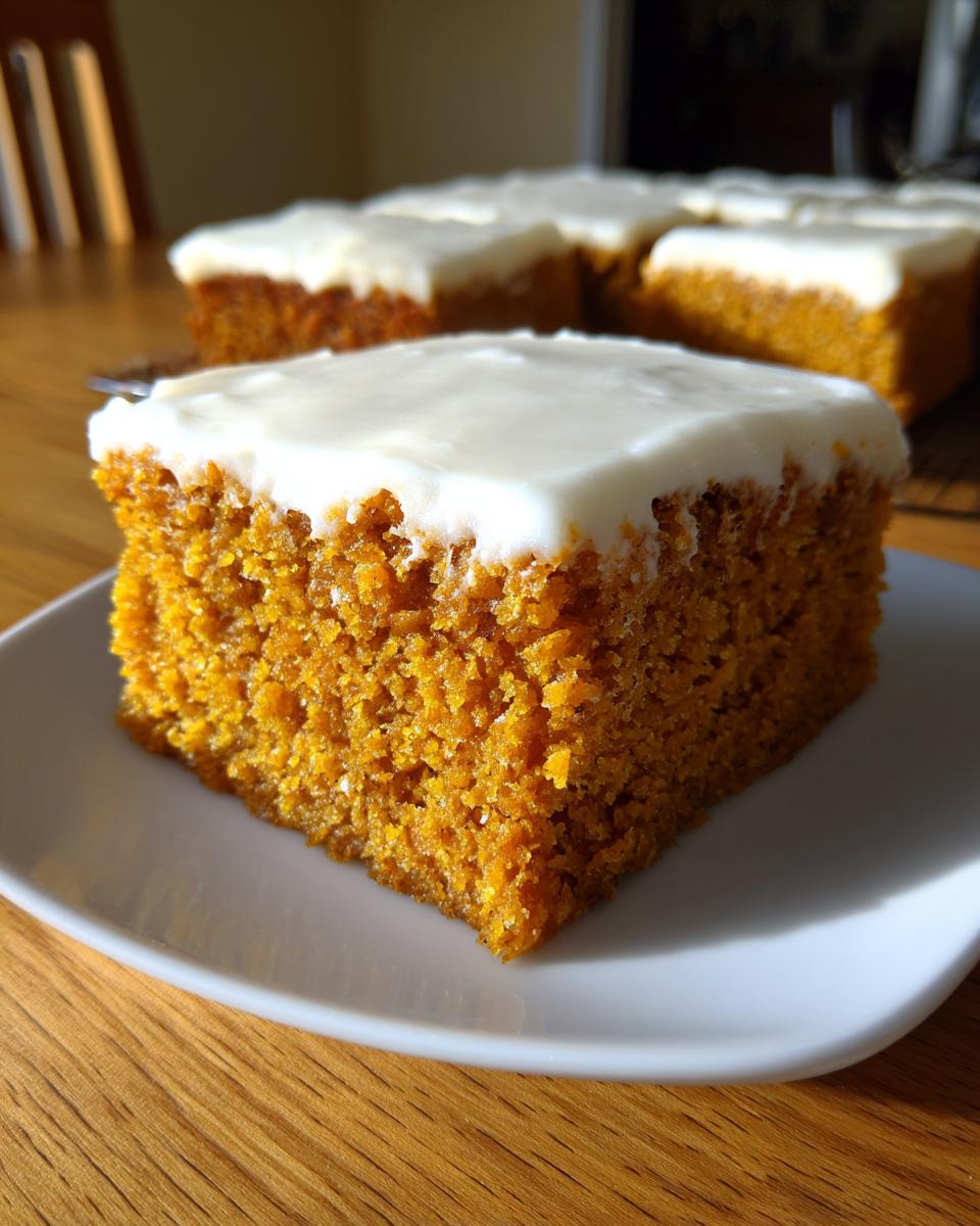 Close-up of a moist slice of pumpkin bars with cream cheese frosting on a white plate.