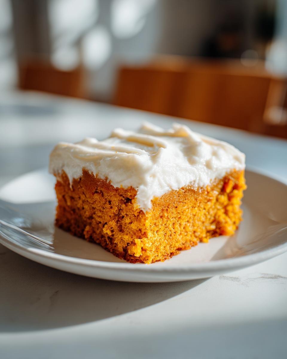 A close-up of a square slice of moist pumpkin bars with cream cheese frosting on a white plate.