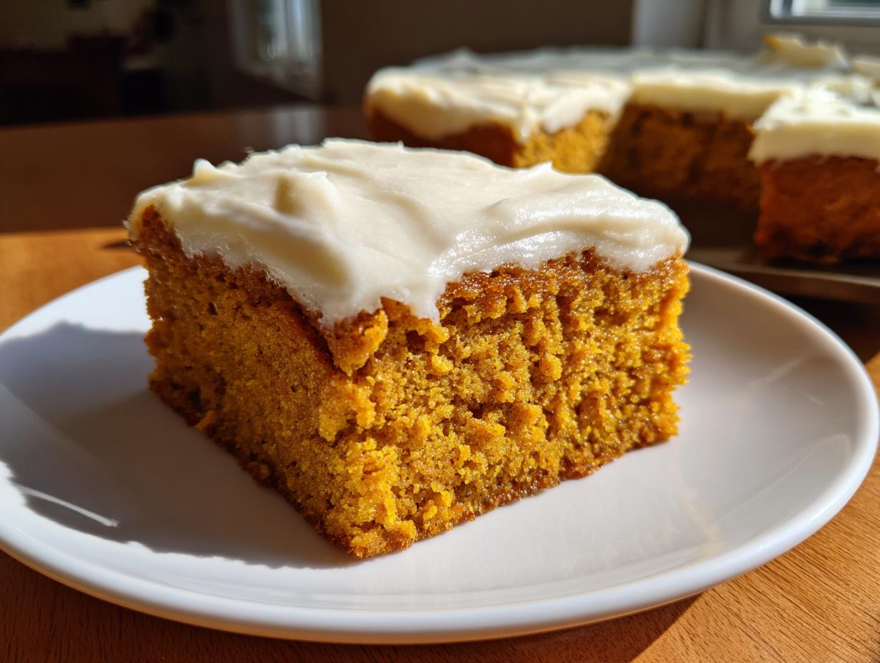 A close-up of a thick, moist slice of pumpkin bars with cream cheese frosting on a white plate.