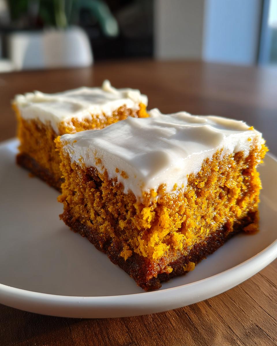 Two moist squares of pumpkin bars with cream cheese frosting sitting on a white plate.