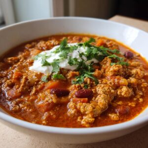 A close-up of a rich, red bowl of pumpkin chili topped with sour cream and fresh cilantro.