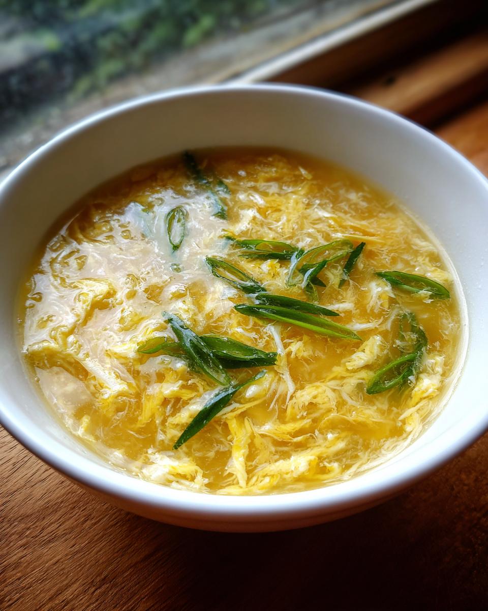 Close-up of a white bowl filled with hot egg drop soup, featuring wispy egg ribbons and green scallion garnish.