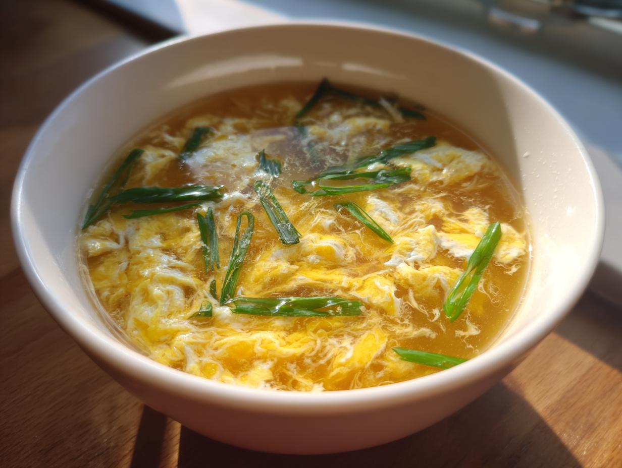 Close-up of a white bowl filled with golden broth and wispy ribbons of egg drop soup, garnished with green scallions.