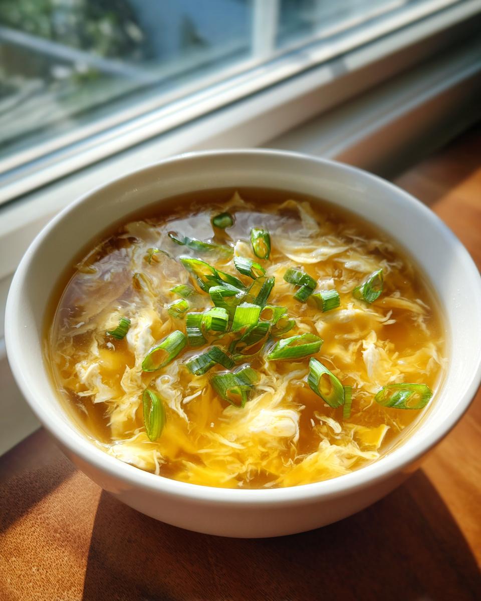 A close-up of a white bowl filled with golden egg drop soup, garnished with fresh green scallions.