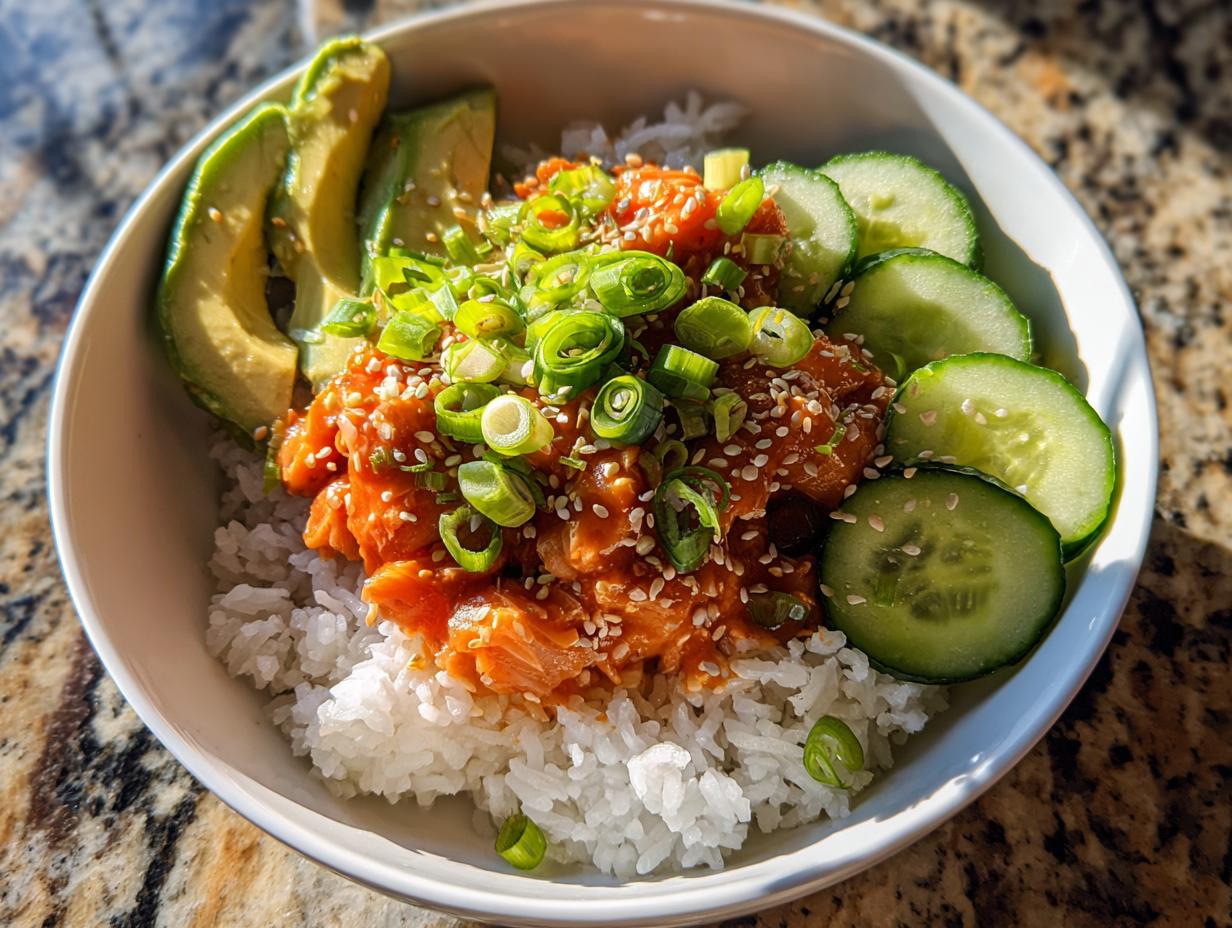 A vibrant bowl of quick tuna rice topped with sliced avocado, cucumber, and green onions.