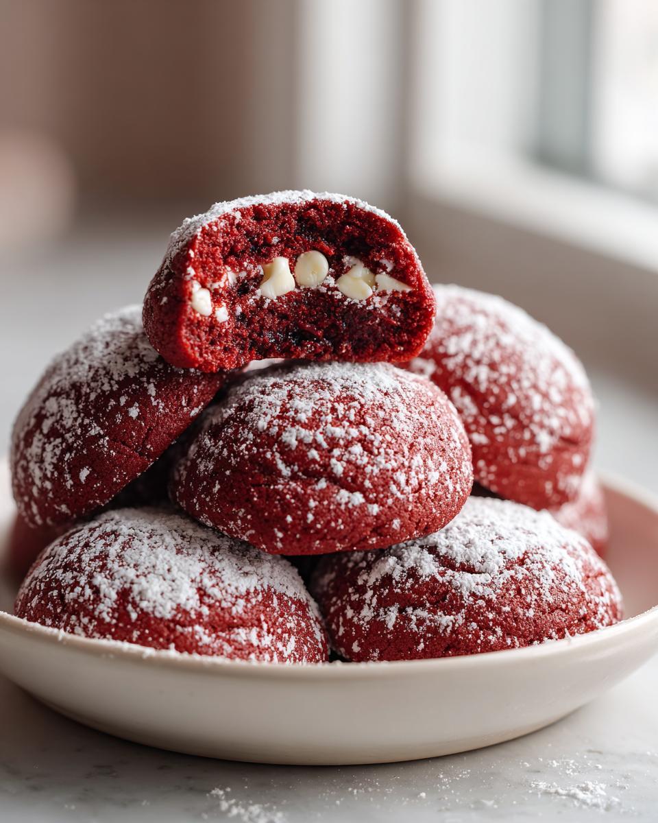A stack of bright red velvet cake mix cookies dusted heavily with powdered sugar, one cookie is broken open showing white chocolate chips.