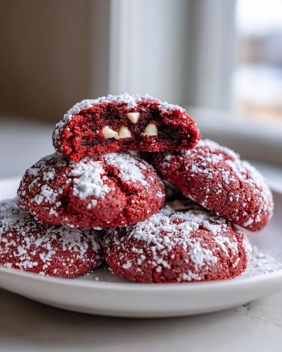 A stack of vibrant red velvet cake mix cookies dusted heavily with powdered sugar, one cookie is broken open showing white chocolate chips.