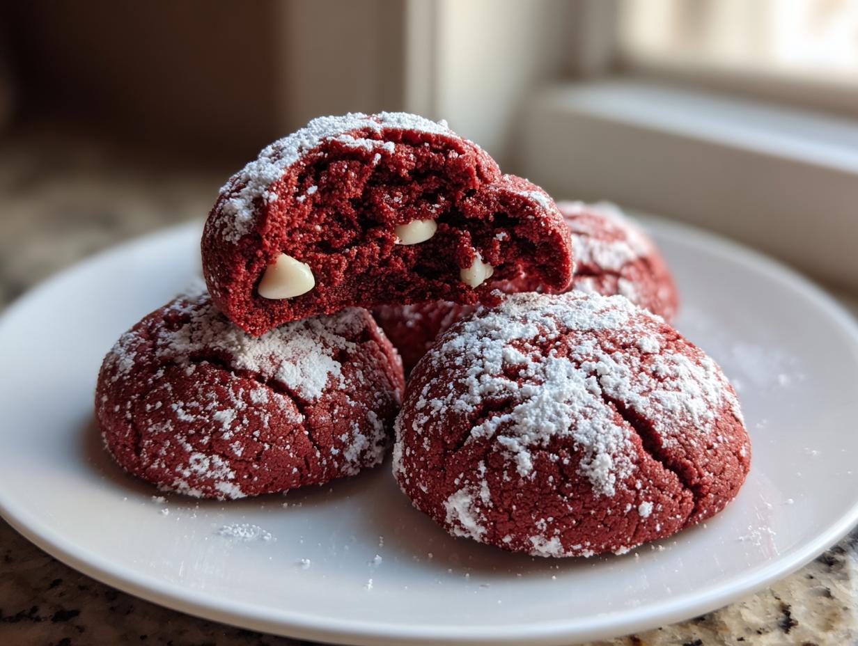 Close-up of soft red velvet cake mix cookies dusted with powdered sugar, one cookie is broken open showing white chocolate chips.