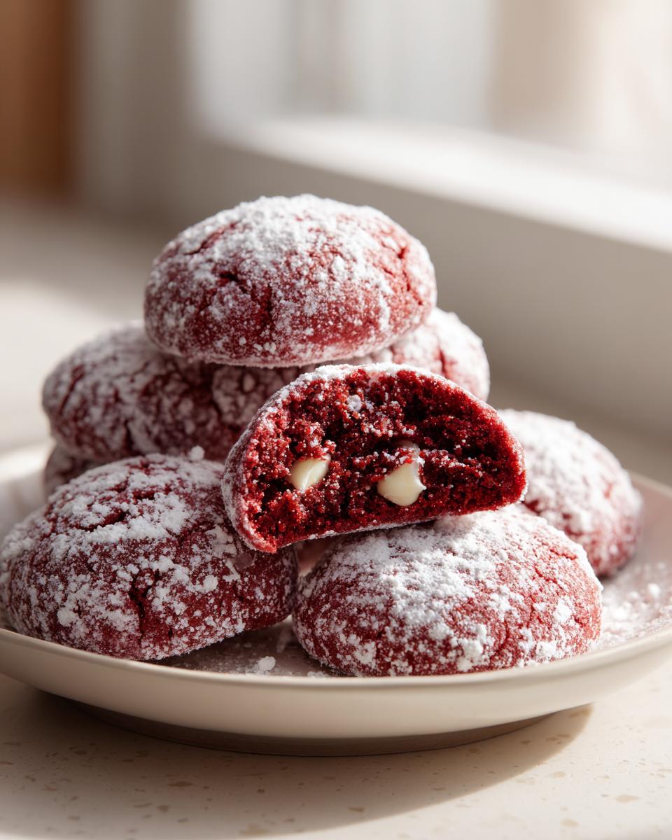 A stack of vibrant red velvet cake mix cookies generously dusted with powdered sugar, one cookie is broken open showing white chocolate chips.