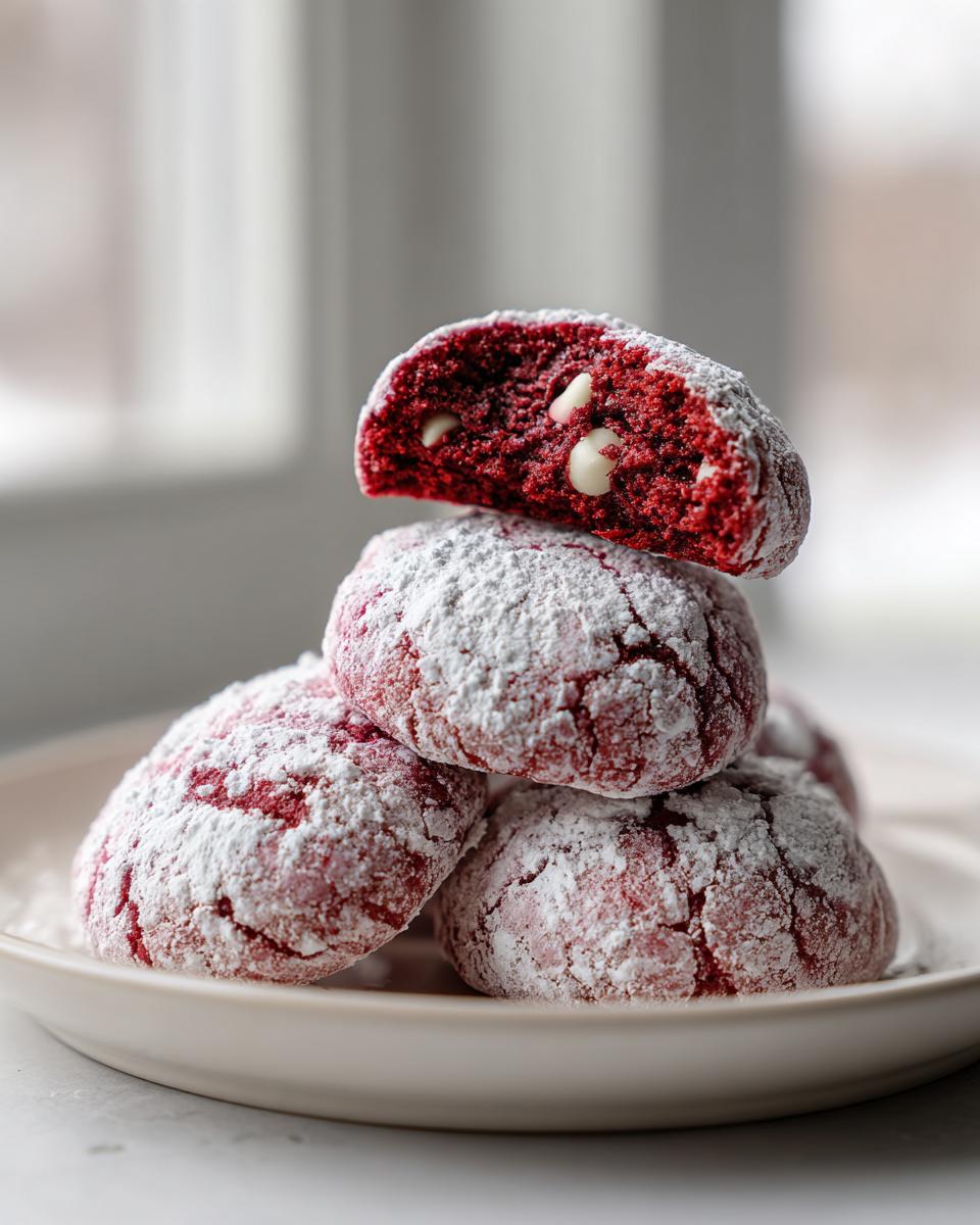 A stack of vibrant red velvet cake mix cookies dusted heavily with powdered sugar, one cookie is cut open showing white chocolate chips.