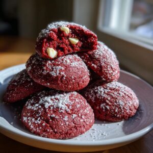 A stack of vibrant red velvet cake mix cookies dusted with powdered sugar, one cookie is broken open showing white chocolate chips.