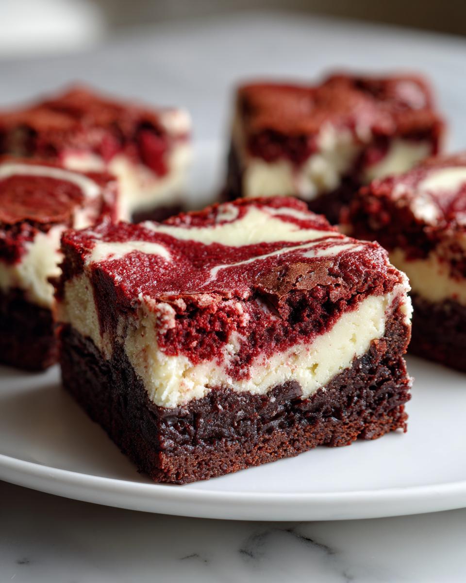 A close-up of a rich, layered red velvet cheesecake brownie square showing the brownie base and marbled topping.