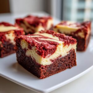 A close-up of a rich, fudgy red velvet cheesecake brownie square with a marbled cream cheese swirl topping.