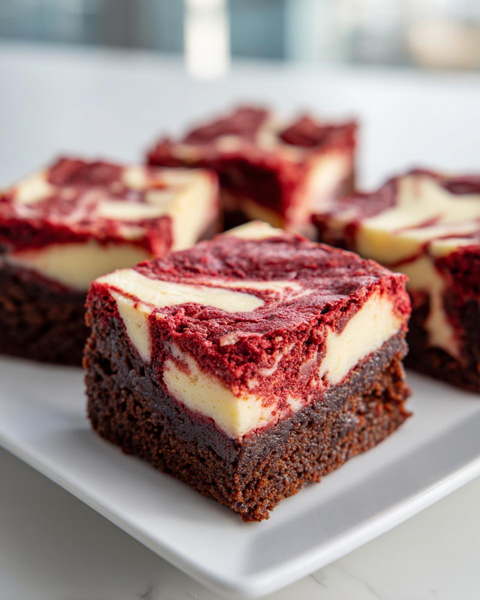 A close-up of a square portion of red velvet cheesecake brownies showing the dark chocolate base and swirled red and cream topping.