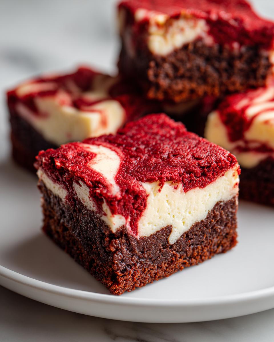 A close-up of a decadent red velvet cheesecake brownies square showing the dark brownie base and marbled red and cream topping.
