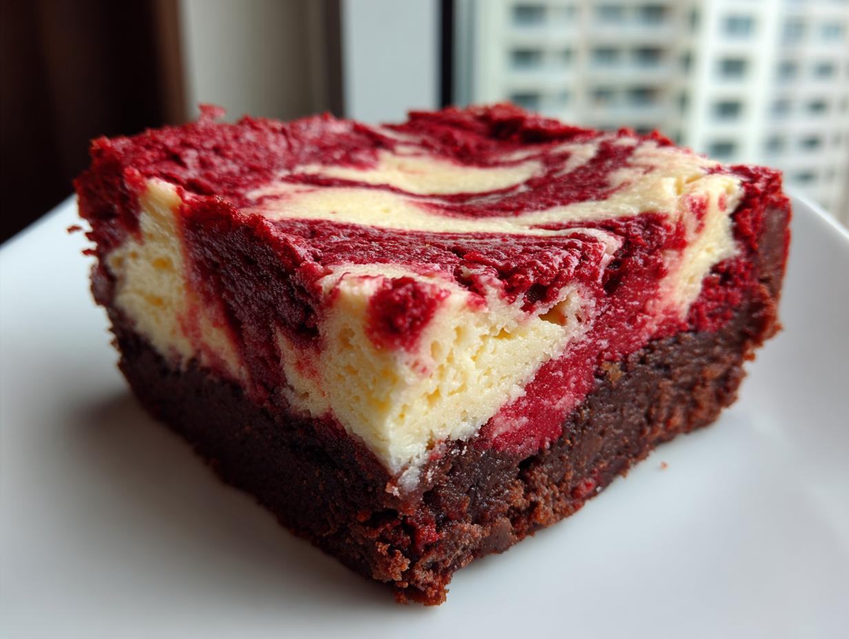 A single square of rich red velvet cheesecake brownies showing the dark brownie base and swirled red and cream topping.