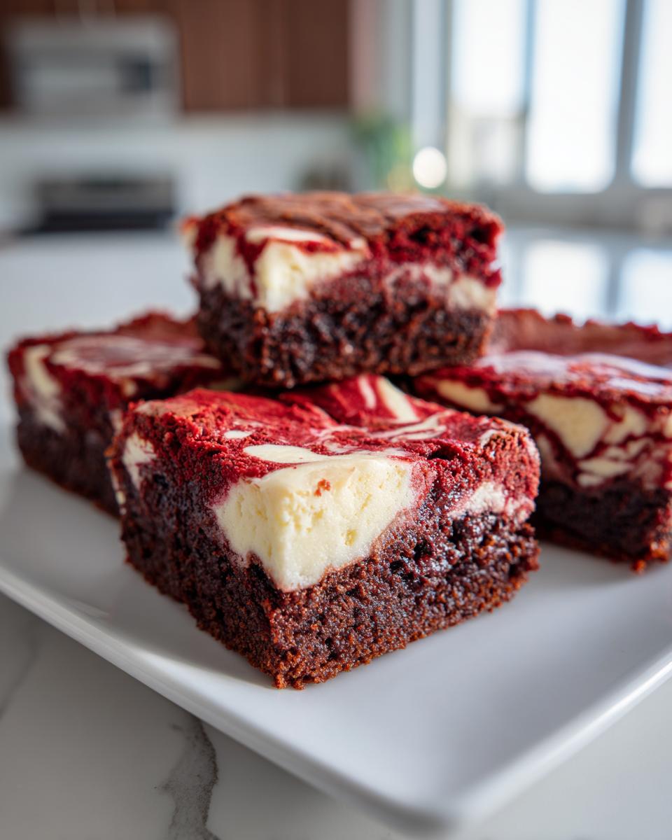 Four rich, fudgy red velvet cheesecake brownies with white cream cheese swirls stacked on a white plate.