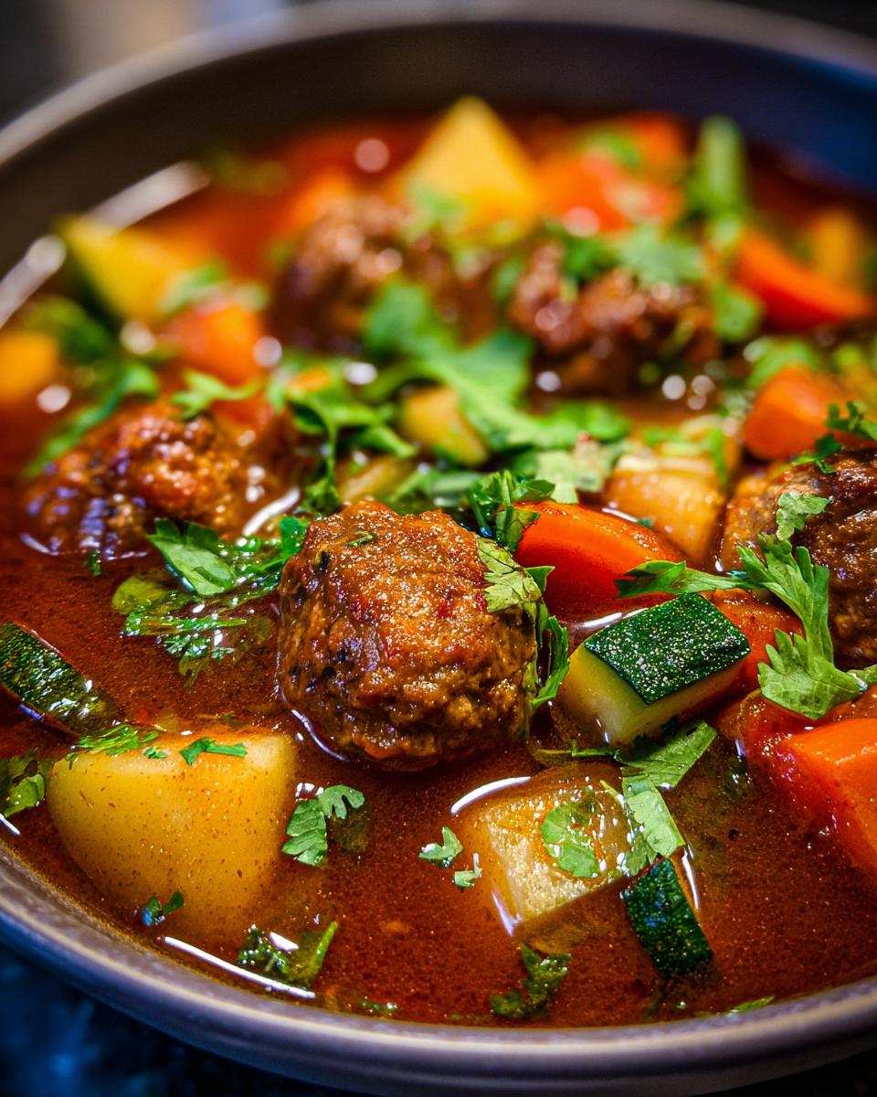 Close-up of a rich, red broth albondigas soup filled with meatballs, potatoes, carrots, zucchini, and fresh cilantro.