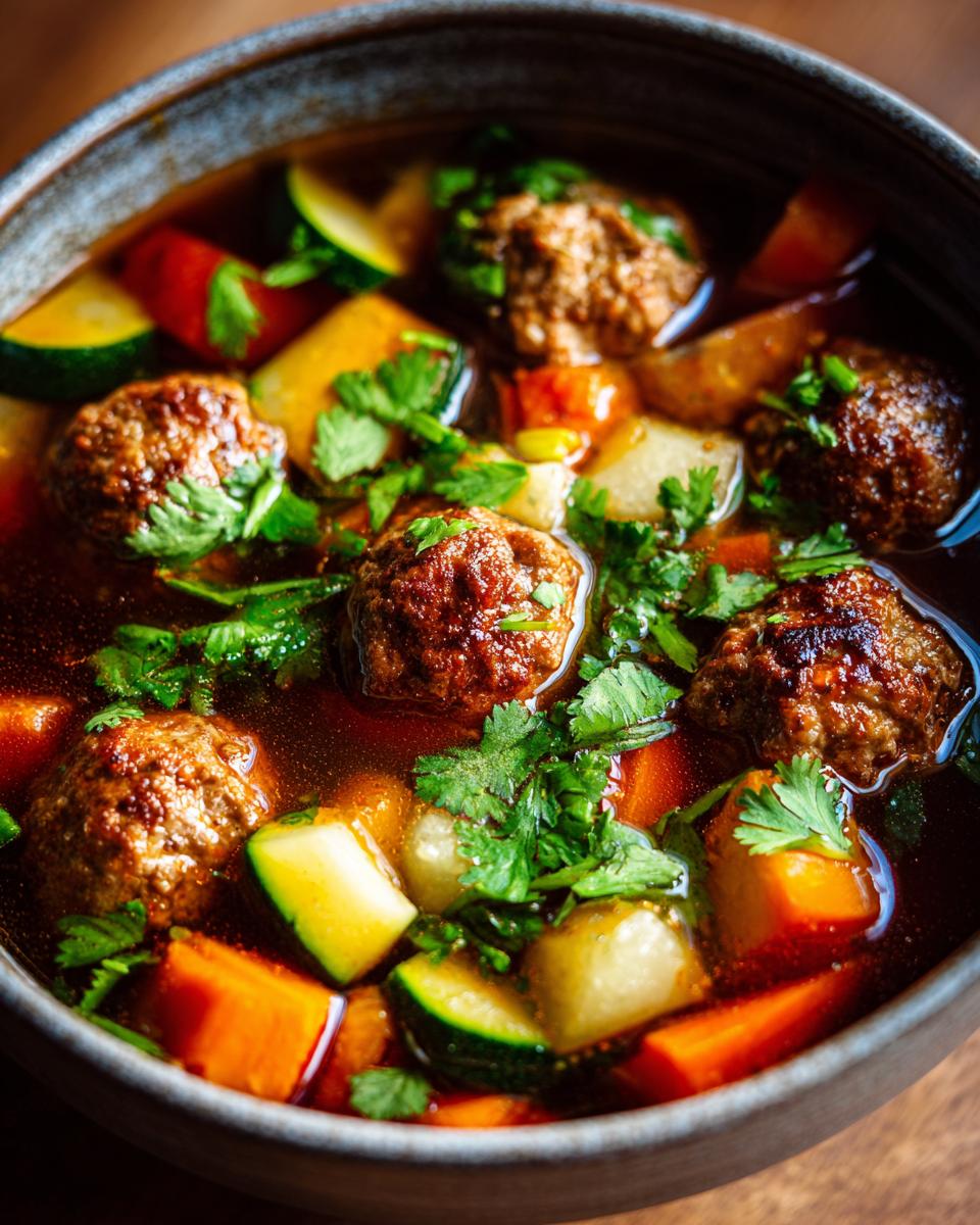 Close-up of a rich, dark broth albondigas soup filled with browned meatballs, carrots, zucchini, and fresh cilantro.