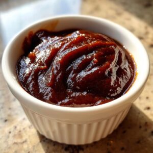 A close-up of thick, dark brown homemade apple butter served in a small white ramekin.