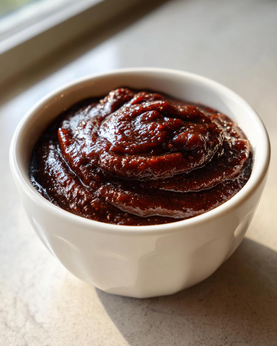 Close-up of thick, dark brown homemade apple butter swirled in a small white bowl.