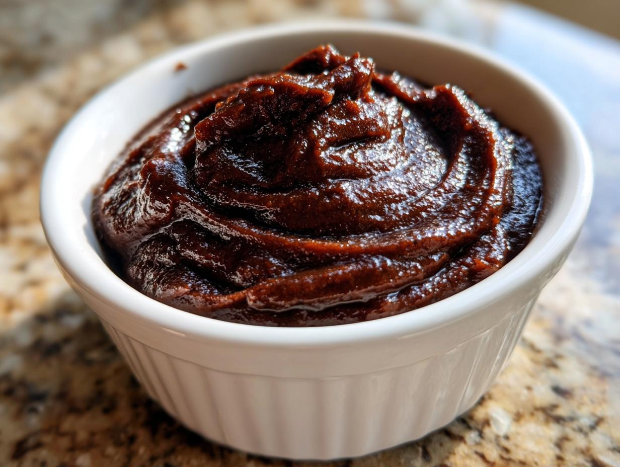 Close-up of thick, dark brown homemade apple butter swirled in a small white ramekin.