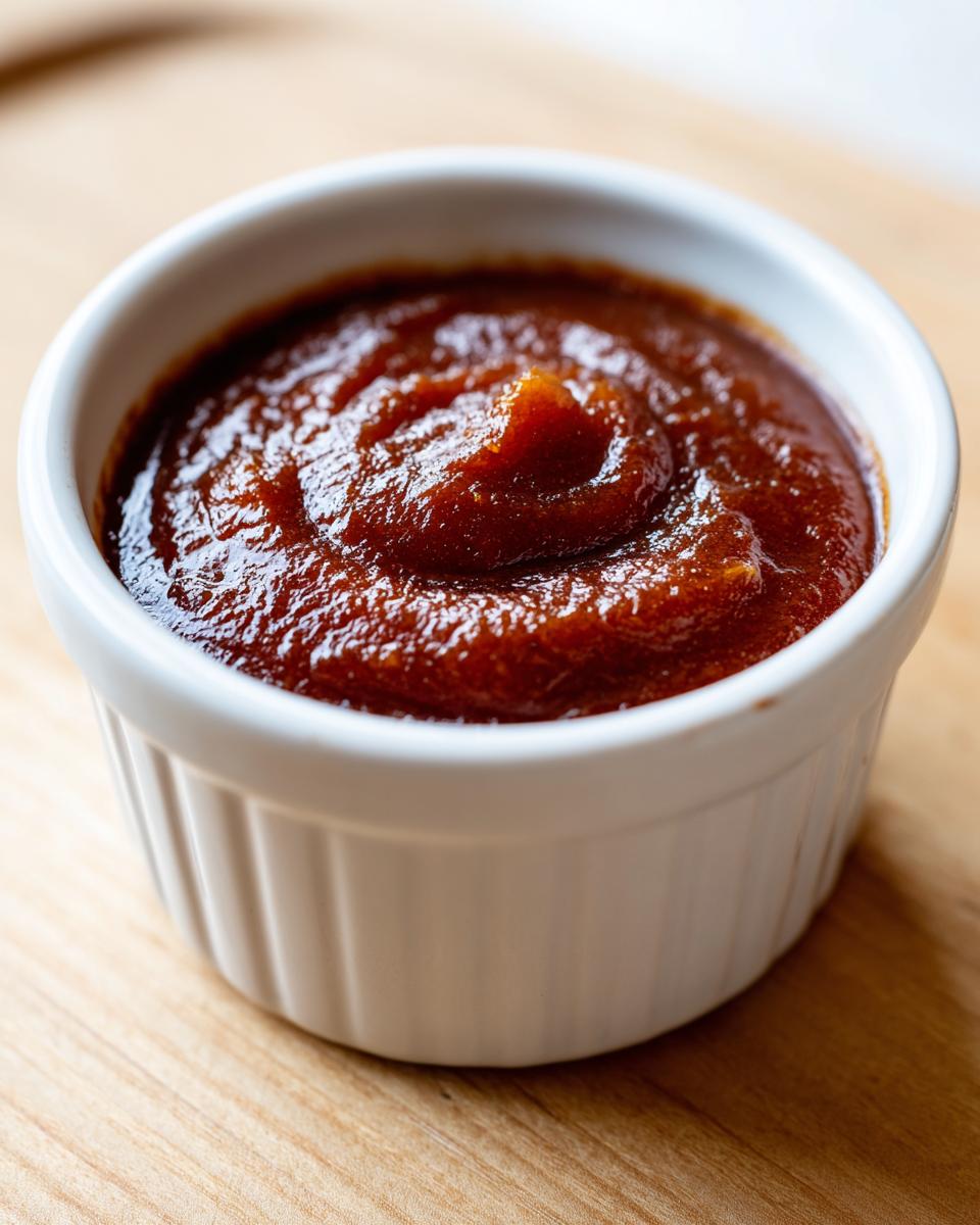 Close-up of thick, dark brown pear butter swirled inside a small white ramekin on a wooden surface.