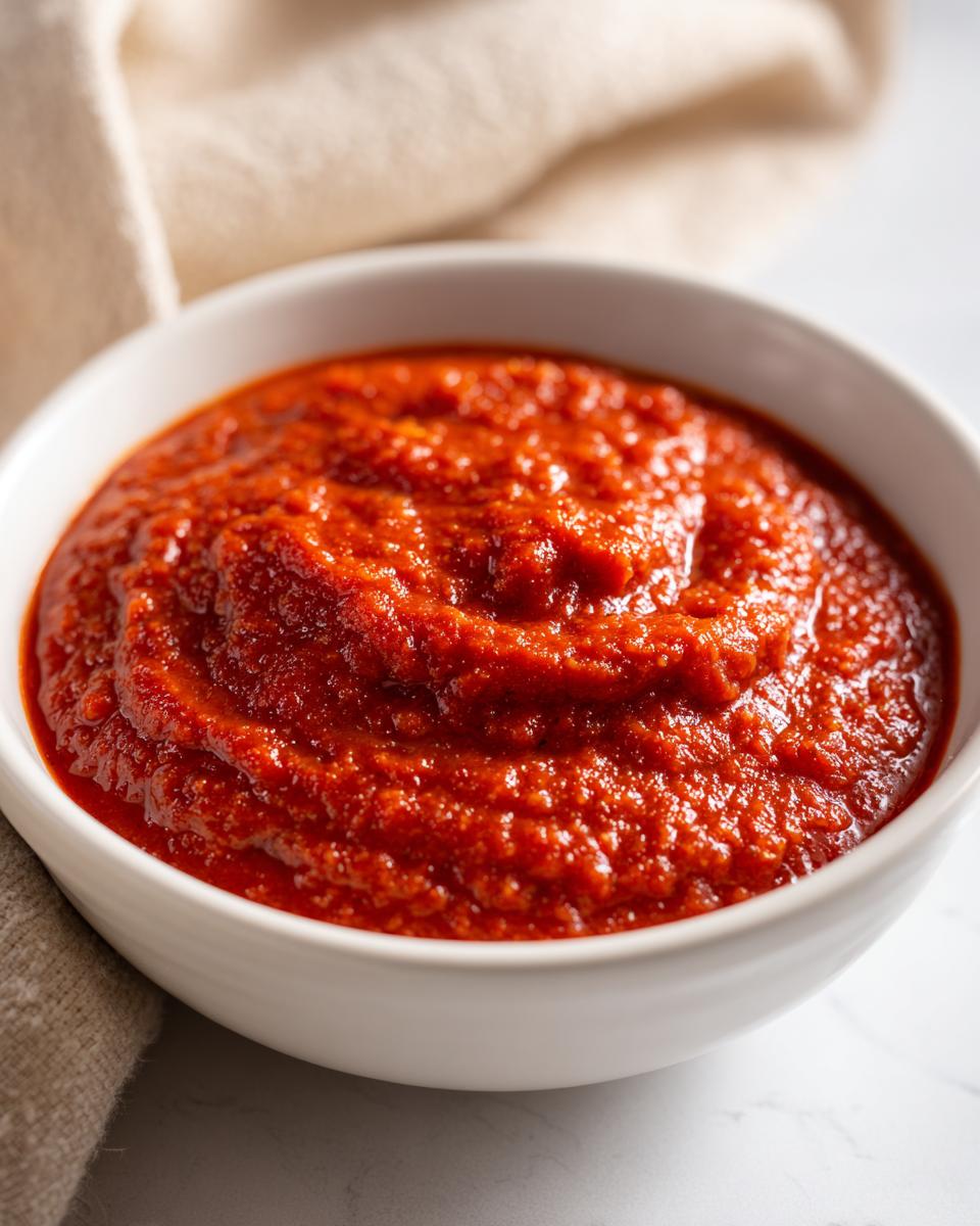 Close-up of thick, vibrant red homemade pizza sauce filling a white bowl.