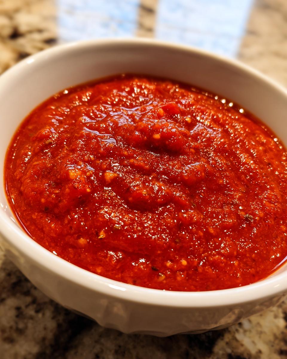A close-up view of thick, vibrant red homemade pizza sauce seasoned with herbs in a white bowl.