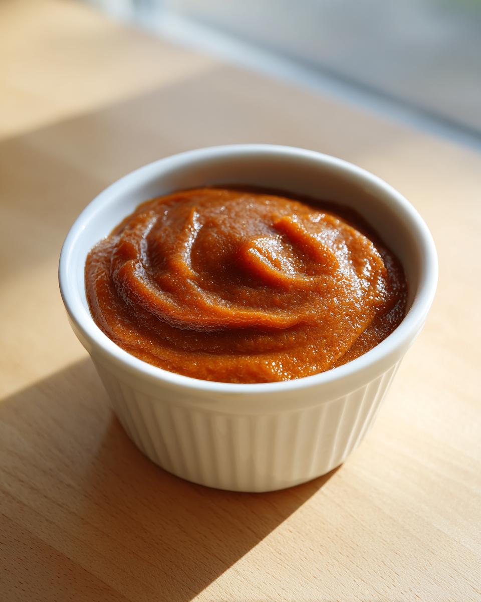 A close-up of thick, dark amber pear butter swirled in a small white ramekin on a wooden surface.
