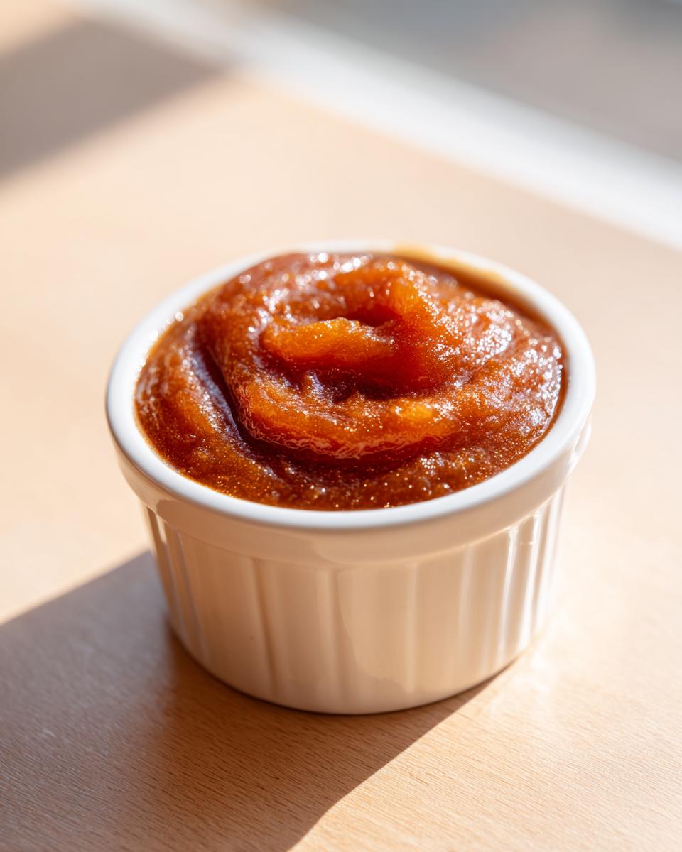 A small white ramekin filled with thick, dark brown pear butter, glistening in sunlight.