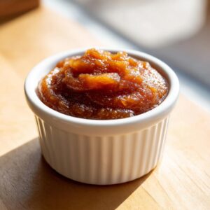 A close-up of thick, dark amber homemade pear butter served in a small white fluted ramekin.
