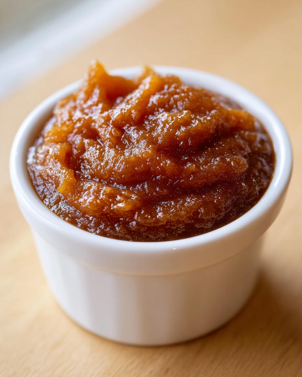 Close-up of thick, rich brown pear butter served in a small white ramekin on a wooden surface.