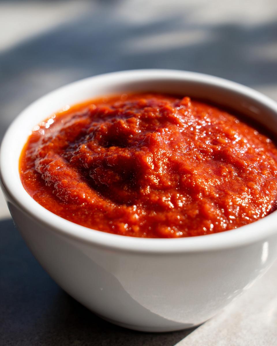 Close-up of thick, vibrant red pizza sauce filling a small white bowl.